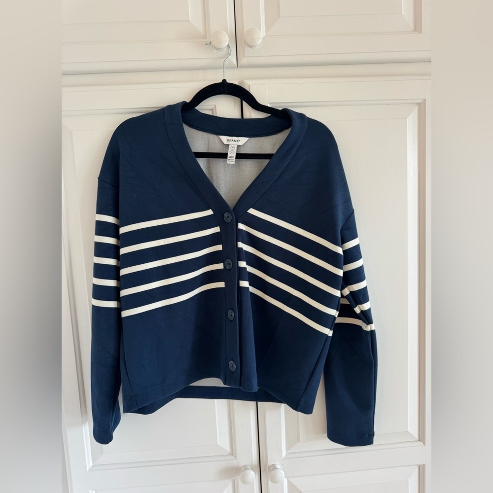 SPANX Airessentials Navy and White Striped Cardigan - Picture 4 of 6
